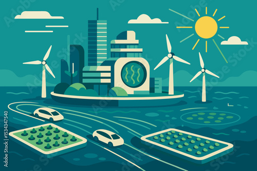 Eco-friendly floating city with wind turbines, solar power, and green farming