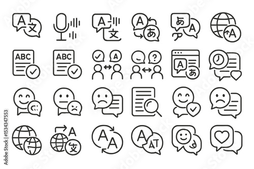 Black line icons for translation, grammar check, and multilingual chat