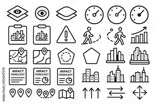 City planning and impact assessment icon set with maps, paths, and growth data