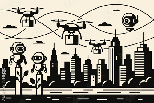 Futuristic cityscape with delivery drones and service robots in flight paths