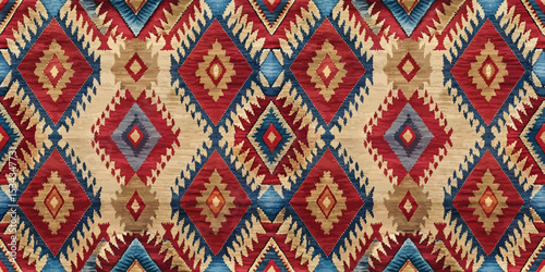 Colorful tribal geometric pattern in red, blue, and beige hues.