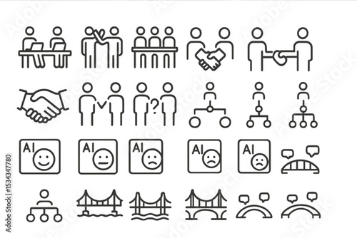 Icon set illustrating teamwork, AI sentiment, decision-making, and communication bridges