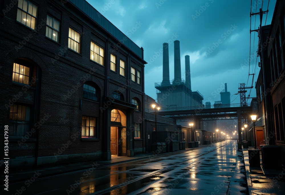Naklejka premium Atmospheric Evening Cityscape Rain slicked Street Industrial Buildings and Glowing Lights