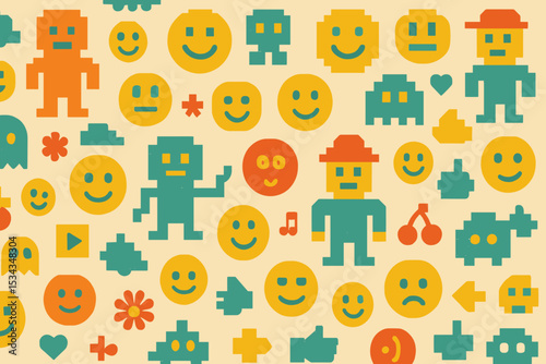 Colorful pixel art featuring robots, emoticons, aliens, and playful game elements.