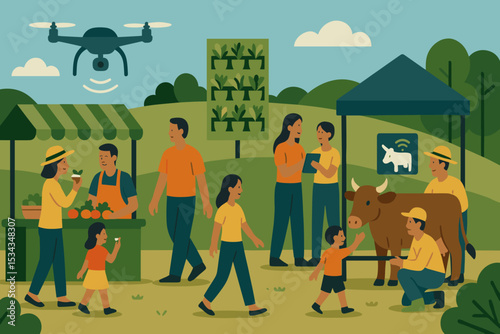 Family farm fair with smart agriculture, produce stand, and drone