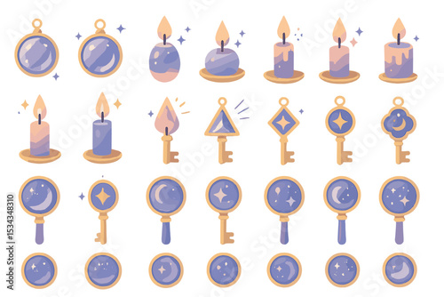 Whimsical icons with candles, keys, stars, and magic mirrors