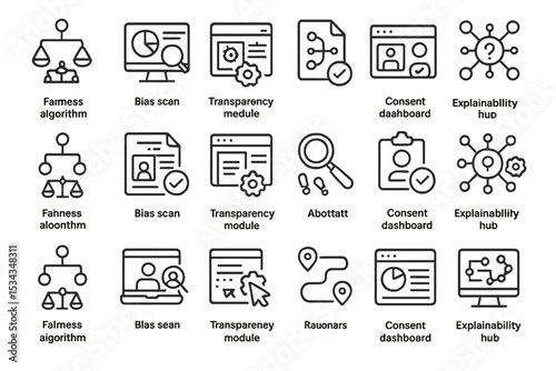 Dark UI icon set for AI ethics tools with labeled modules
