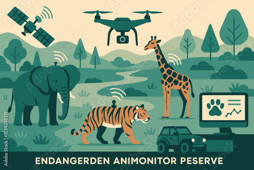 Wildlife tracking illustration with drone, satellite, and GPS tags