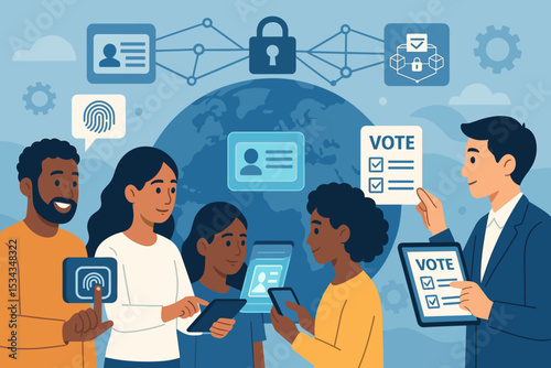 People using secure digital ID and blockchain tech for online voting