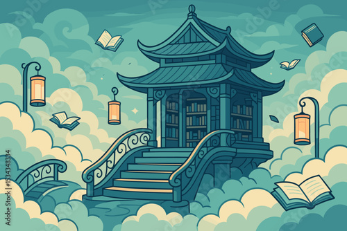 Whimsical sky library with flying books and ornate bridges in clouds