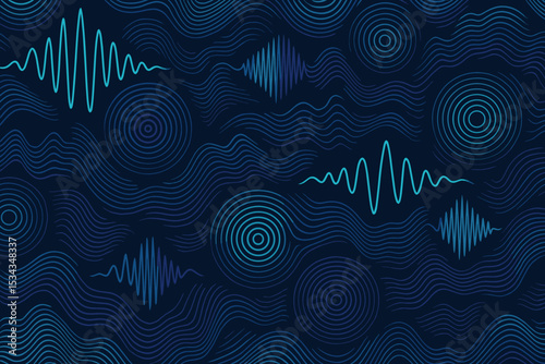 Abstract design of sound waves and circular patterns in blue tones