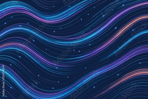 Flowing neon waves with vibrant hues of pink, blue, and orange, scattered with glowing dots against a dark background.