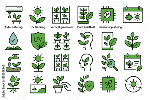 Smart gardening icons with AI, automation, and seasonal planning