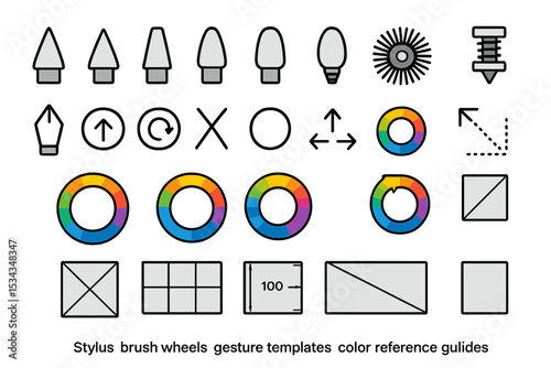 Stylus and color wheel UI icons with brush and gesture templates
