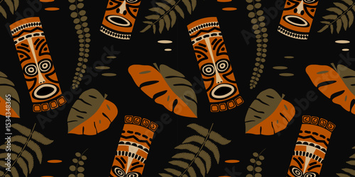 Seamless vector pattern with African tribal masks and exotic tropical leaves in earthy colors. Boho design. Perfect for fabric, wrapping paper, packaging, and ethnic-themed designs.