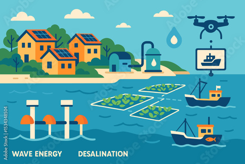 Colorful coastal tech scene with wave energy, desalination, and drones