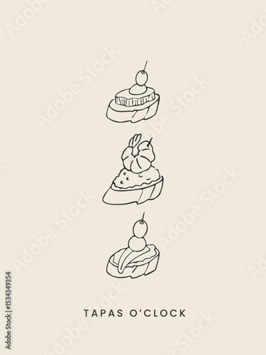 Whimsical postcard with Spanish Tapas. Hand Drawn Appetizers and Finger Food. Vector sketchy line art for wall decor, card, cover, social media, ads, print, menu design.