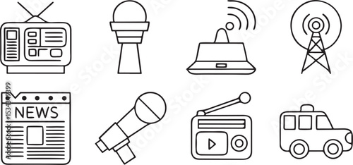 Mass Media Icons Solid Black Vector Set with Radio TV Newspaper Satellite and Communication Symbols