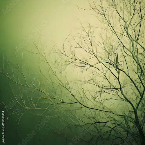 Leafless Tree Branches in Green Fog
