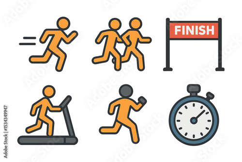 This icon set is focused on running and includes various sport-related elements such as a runner, race, finish line, treadmill, and timer chronometer icons, all presented in a vector illustration