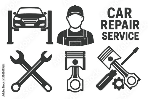 Collection of black and white car repair service icons on a white backdrop