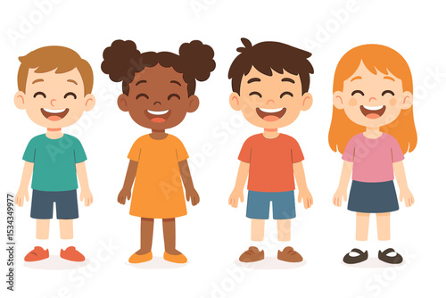Isolated smiling kids characters, a diverse group of children standing in a cartoon vector illustration