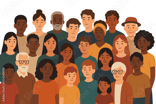 Illustration of a multiracial community with people of various ages and ethnicities standing together in unity
