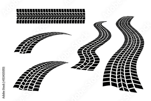 Tire tracks from a black car, including the rubber print of a wheel on a road or dirt surface, are depicted in isolation on a white background as a vector graphic set