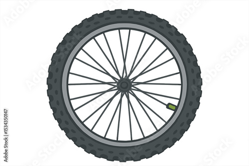 Vector illustration of a bicycle wheel symbol, featuring a bike's rubber mountain tyre and valve, representing fitness cycling, mtb, and mountain biking