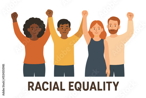 Flat vector illustration representing cross cultural, racial equality, multi ethnic, diversity people, woman man power, empowerment, tolerance, and discrimination concept