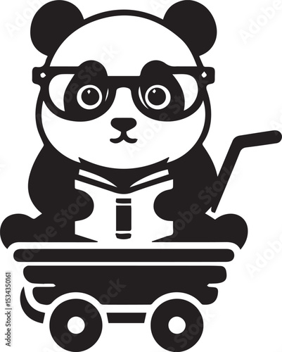 Adorable Panda Wearing Glasses Rides Wagon Filled with Books Cute Cartoon Character Illustration Perfect for Kids Books or Educational Materials