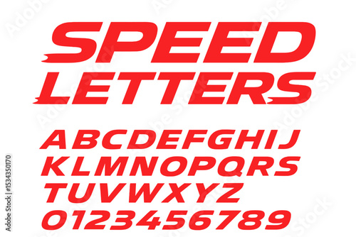 The speed letters set features a red race font with an italic bold racing style vector latin alphabet