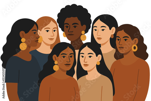 A sisterhood concept is depicted through illustrations of six women of different skin tones standing together, all wearing large earrings