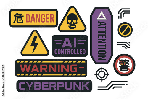 A set of vector decals in a cyberpunk style is available, featuring stickers and labels with inscriptions, symbols, and Japanese hieroglyphs warning of danger, attention, AI control, high voltage