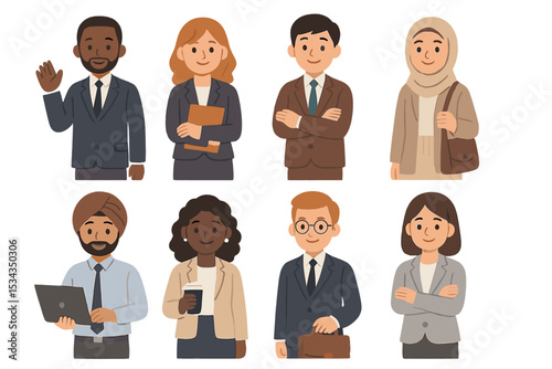 A diverse group of business individuals are depicted in isolation on a white backdrop, showcasing various nationalities and attire, all illustrated in a charming and simplistic flat cartoon aesthetic