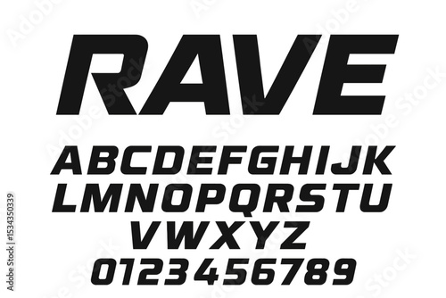 Rave is a bold and modern sporty typography alphabet font in vector illustration design
