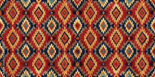 Colorful geometric patterned fabric with vibrant red, blue, and yellow tones.