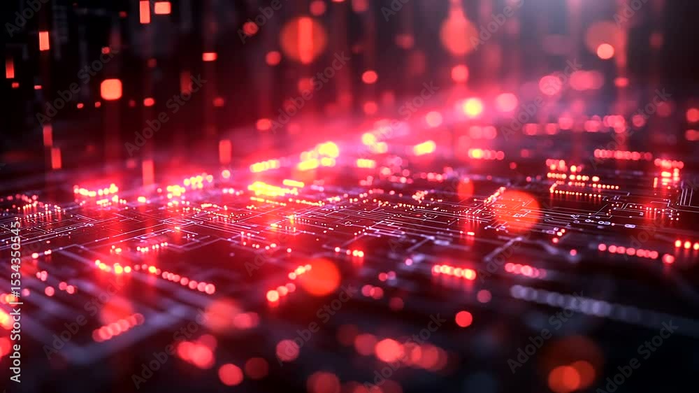 Futuristic technology motherboard circuit design with glowing red light effect background