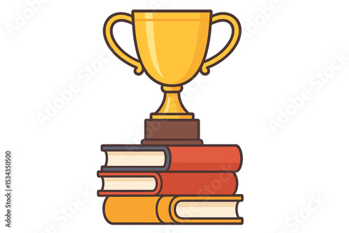 A golden trophy cup is positioned on top of a stack of books in a vector illustration isolated from its background
