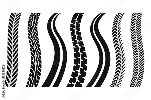 The track of a tire is visible, with abstract representations of wheels and their braking distances, as well as the silhouettes of treads resembling brushes, and isolated vehicles like cars or