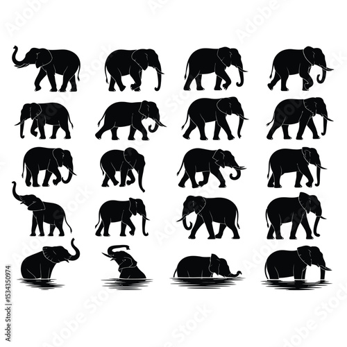 a collection of 24 solid black elephant silhouettes in varied poses and perspectives on white background