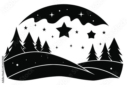 Graphic Black Silhouette Winter Scene with Evergreen Trees, Hills, and Starry Night Sky