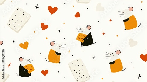 Cute Cartoon Mice with Cheese and Colorful Hearts on White Background