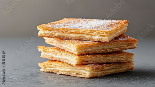 Delicious Layers of Pastry Dusting with Powdered Sugar on Gray Surface