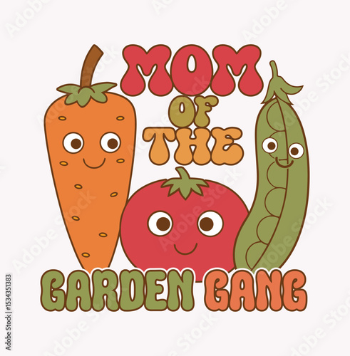 Mom of the Garden Gang SVG T-Shirt Design Featuring Playful Retro Typography and Whimsical Botanical Elements Representing a Nature-Loving Plant Family Theme