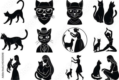 Cat and Human Relationship Silhouettes: Diverse Feline Poses and Loving Interactions Vector Set