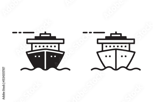 Cruise Ship Outline and Solid Vector Icons - Boat Vessel on Water Symbol