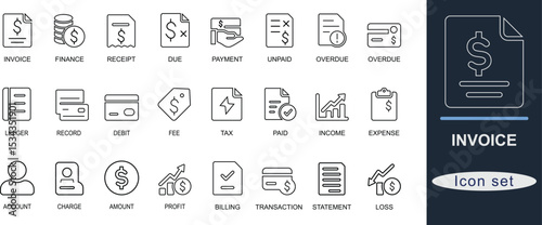 
Line art invoice icon set. Featuring billing, receipt, payment, due, paid, tax, and finance symbols. Ideal for business, accounting, and UI design projects.