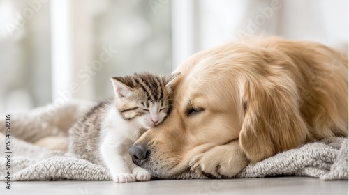 Tapety artystyczne Golden retriever and kitten share a quiet moment on a blanket, a heartwarming bond between unlikely friends.