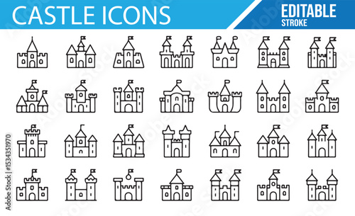 Collection of Castle, Fortress, and Tower Icons for Fantasy and Landmark Design